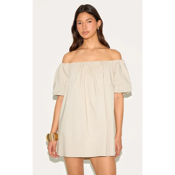 Stone Bardot Puff Sleeve Shift Dress