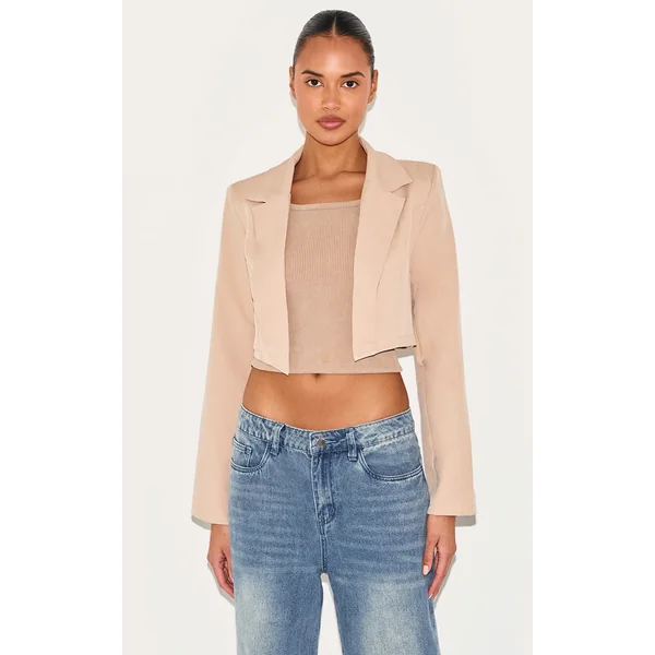Stone Basic Woven Seam Detail Cropped Blazer