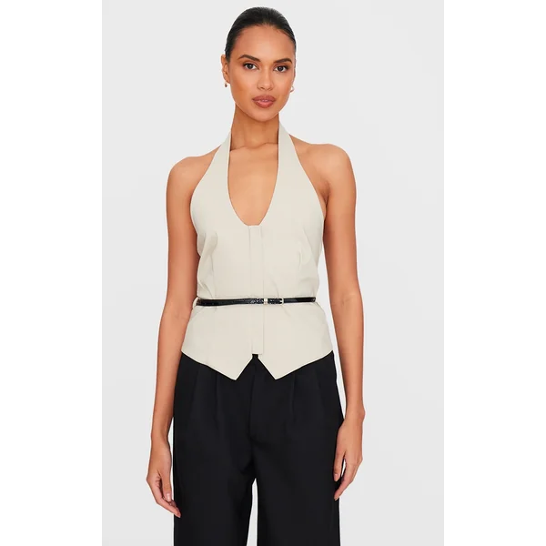 Stone Bengaline Belted Halterneck Long Top