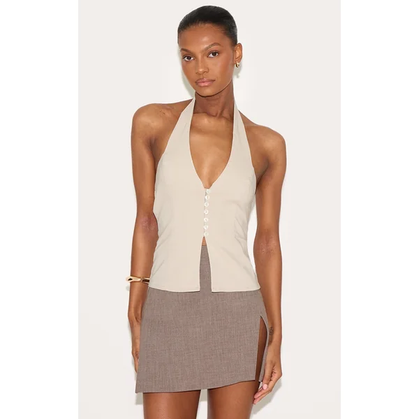 Stone Bengaline Button Up Halterneck Long Top