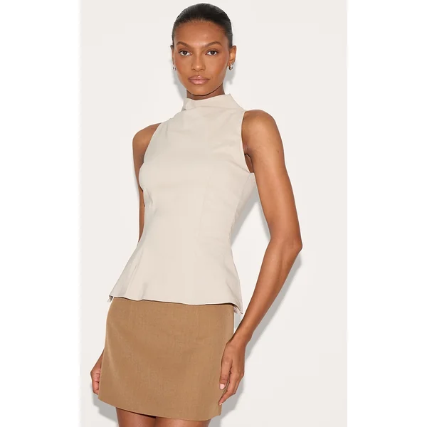 Stone Bengaline High Neck Waist Detail Long Top