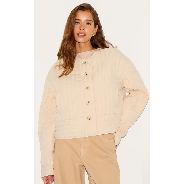 Stone Button Up Round Neck Quilted Jacket