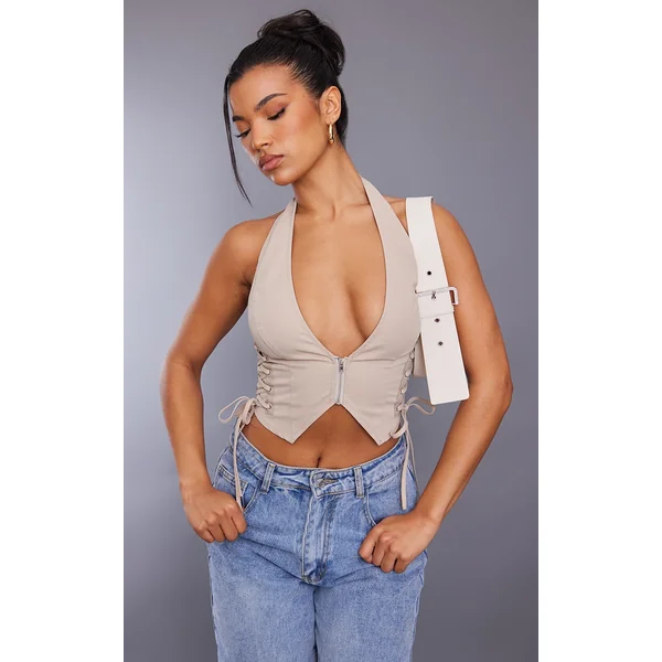 Stone Cargo Lace Up Side Zip Up Crop Top