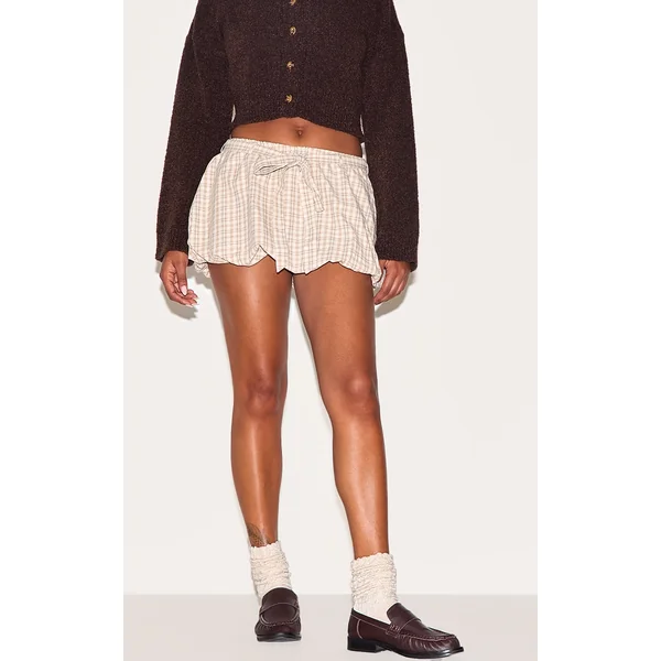 Stone Check Print Tie Waist Cotton Puffball Skirt