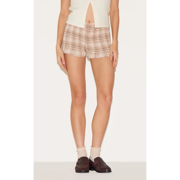 Stone Checked Print Shirred Frill Hem Mini Shorts