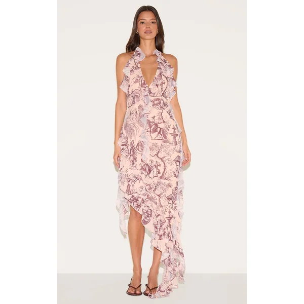 Stone Chiffon Print Frill Detail Plunge Midaxi Dress