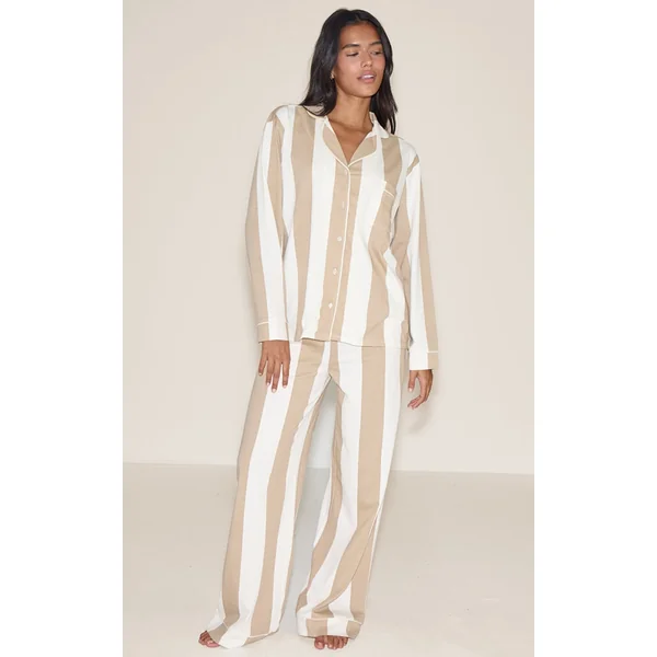 Stone Chunky Stripe Jersey Piping Detail Long Pj Set