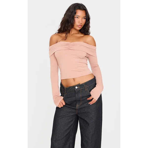 Stone Contour Jersey Ruched Foldover Bardot Crop Top