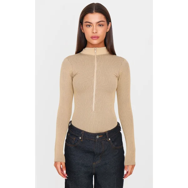 Stone Contrast Snatched Rib Zip Up Long Sleeve Bodysuit