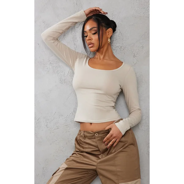 Stone Cotton Scoop Neck Long Sleeve Top