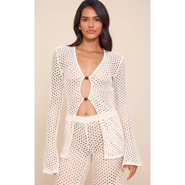 Stone Crochet Bead Detail Long Sleeve Beach Top