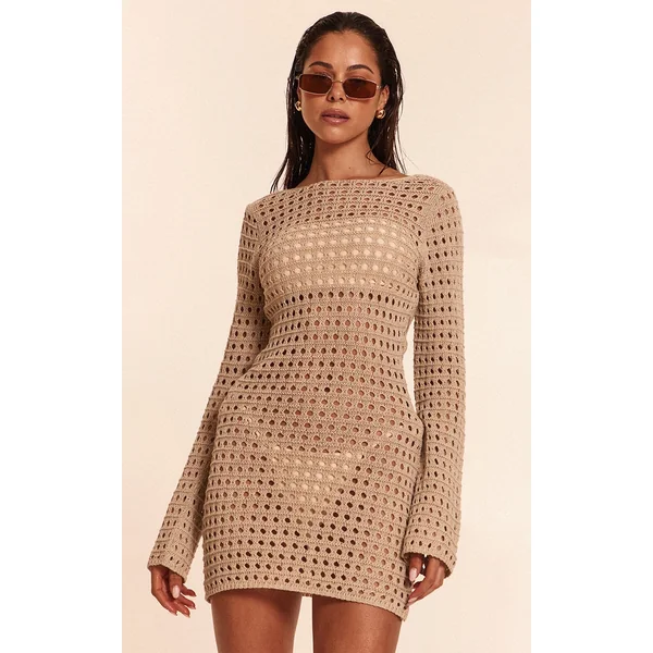Stone Crochet Long Sleeve Mini Beach Dress