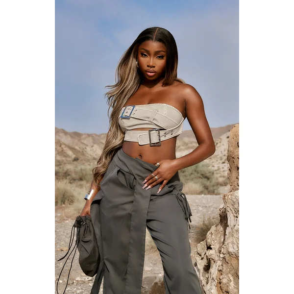 Stone Distressed PU Belted Detail Crop Top