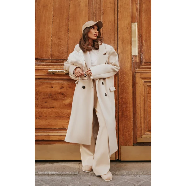 Stone Double Breasted Wool Look Overcoat