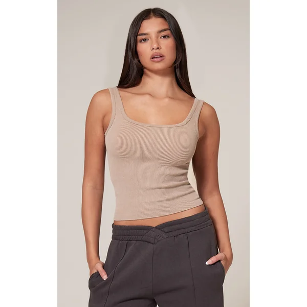 Stone Faded Snatched Rib Scoop Neck Vest Top