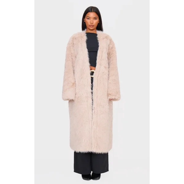Stone Faux Fur Collarless Coat