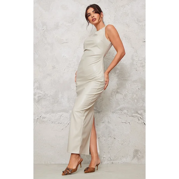 Stone Faux Leather High Neck Twist Shoulder Maxi Dress