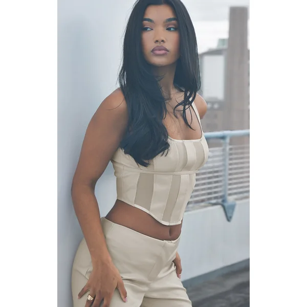 Stone Faux Leather Sheer Mesh Panelled Corset