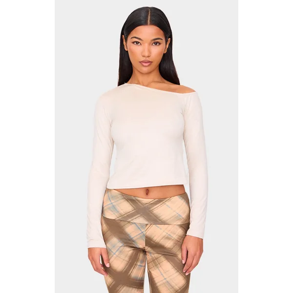 Stone Faux Suede Asymmetric Neck Long Sleeve Top