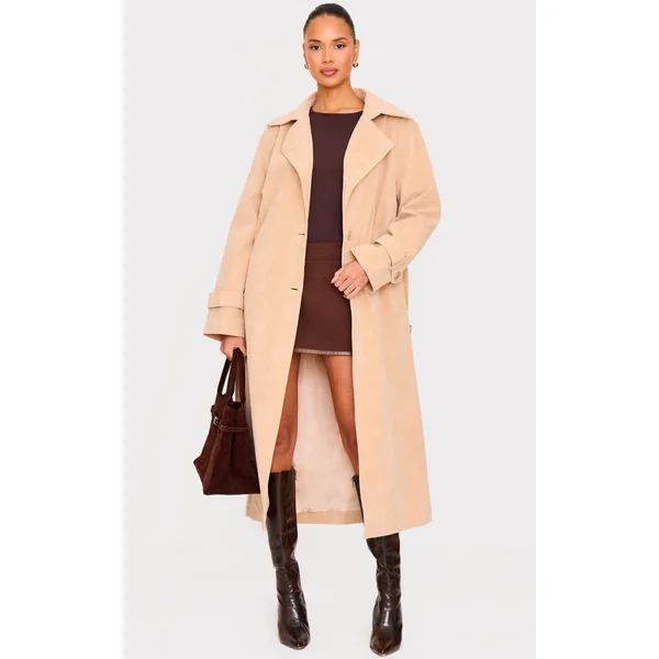 Stone Faux Suede Buckle Belt Trench Coat