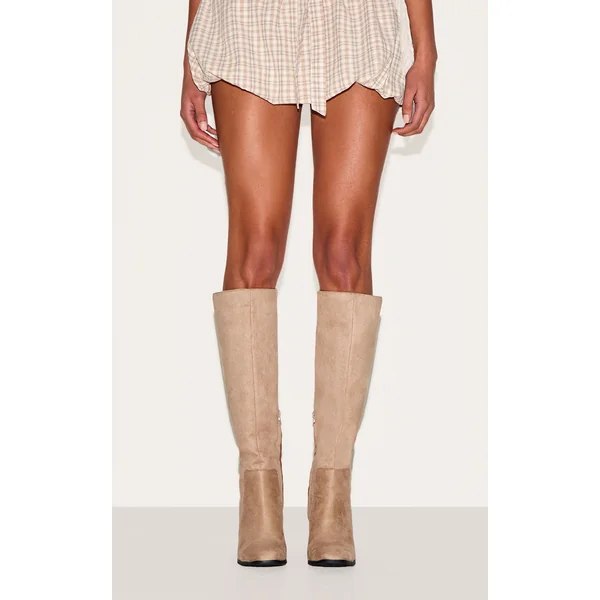 Stone Faux Suede Round Toe High Block Heel Knee High Boots