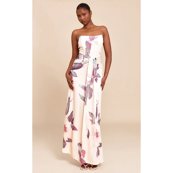 Stone Floral Bandeau Corset Drape Detail Maxi Dress