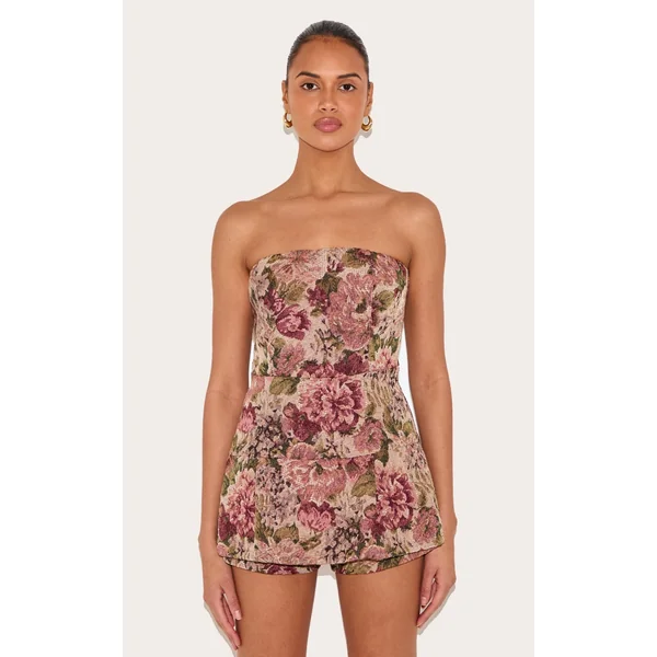 Stone Floral Jacquard Bandeau Pleated Skort Romper
