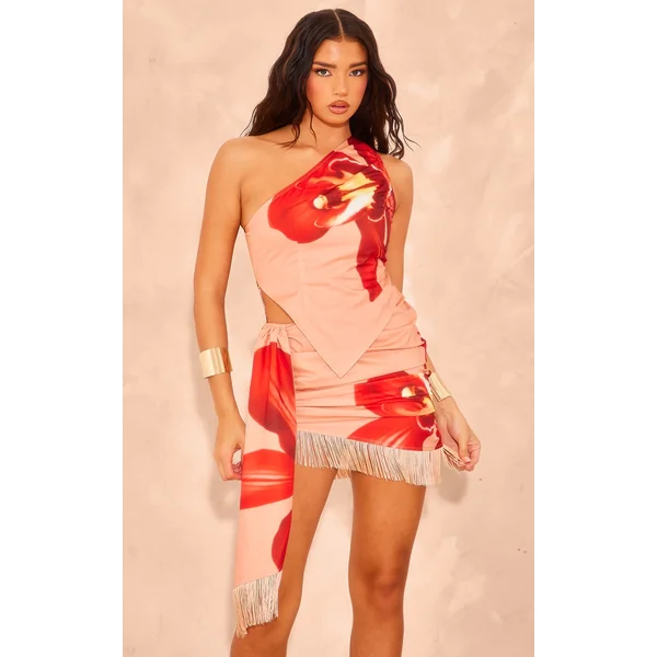 Stone Floral Print Halter Neck Fringe Mini Dress