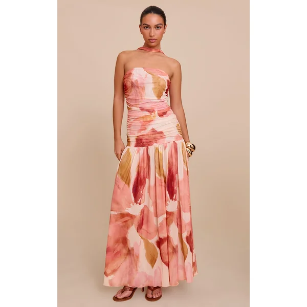 Stone Floral Print Ruched Scarf Dropped Waist Maxi Dress