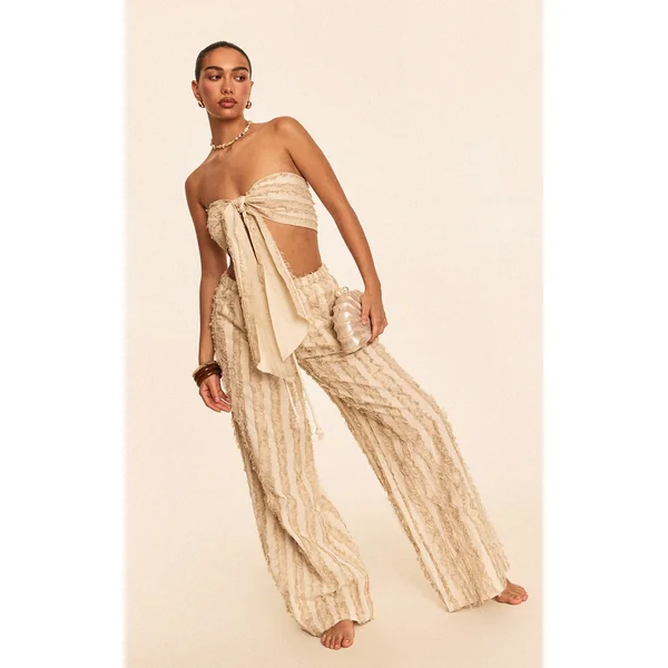 Stone Frayed Textured Wide Leg Beach Pants