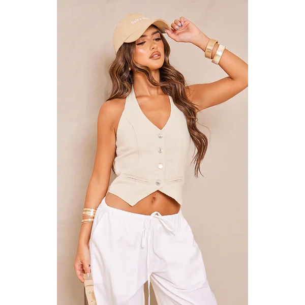 Stone Halterneck Denim Vest