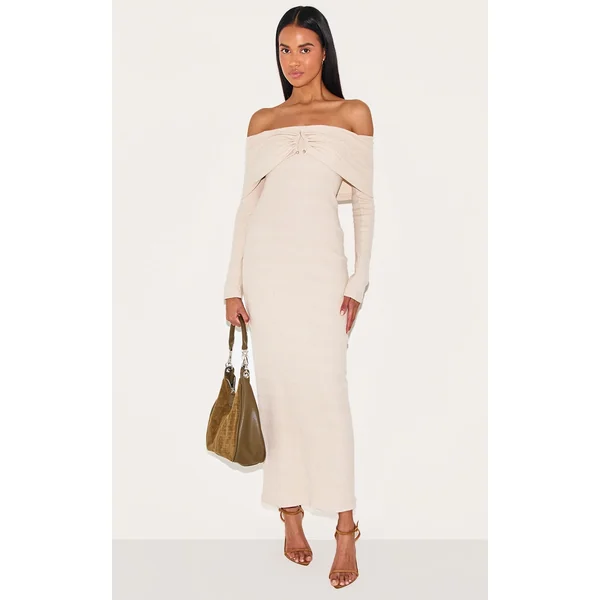 Stone Heavy Brushed Rib Bardot Trim Maxi Dress