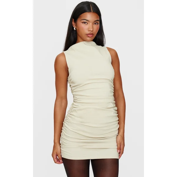 Stone High Neck Ruched Bodycon Dress