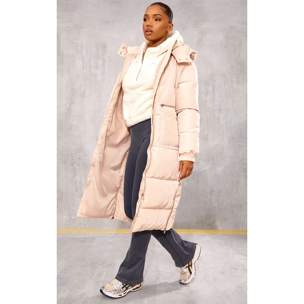 Stone Hooded Maxi Puffer Coat