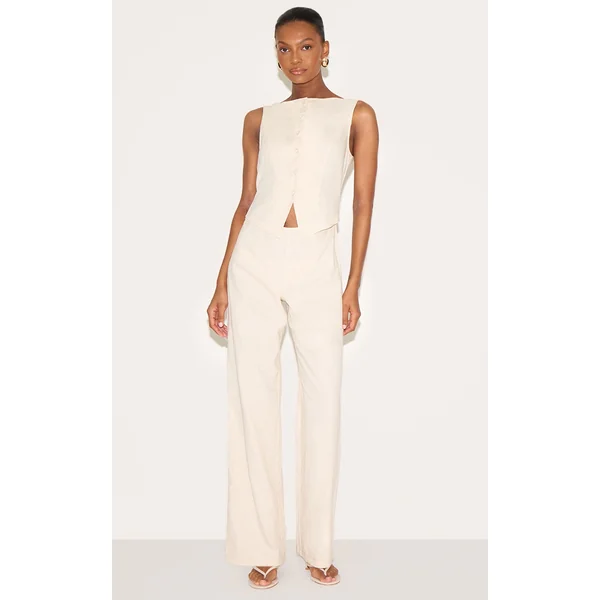 Stone Linen Blend Vest Detail Straight Leg Jumpsuit