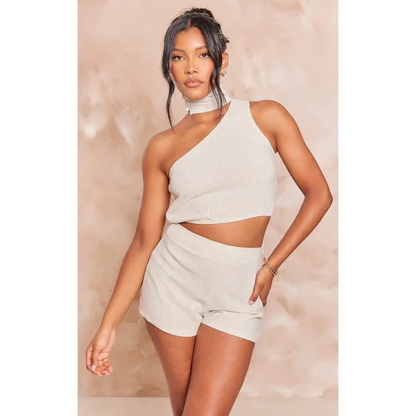 Stone Linen Look One Shoulder Chocker Detail Crop Top