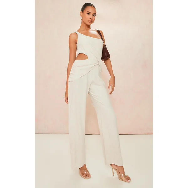 Stone Linen Look One Shoulder Twist Drape Detail Jumpsuit