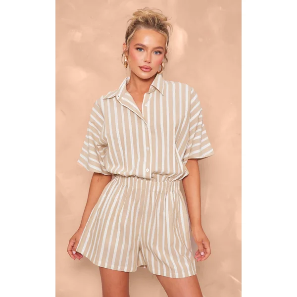 Stone Linen Look Pinstripe Button Up Shirt Detail Romper