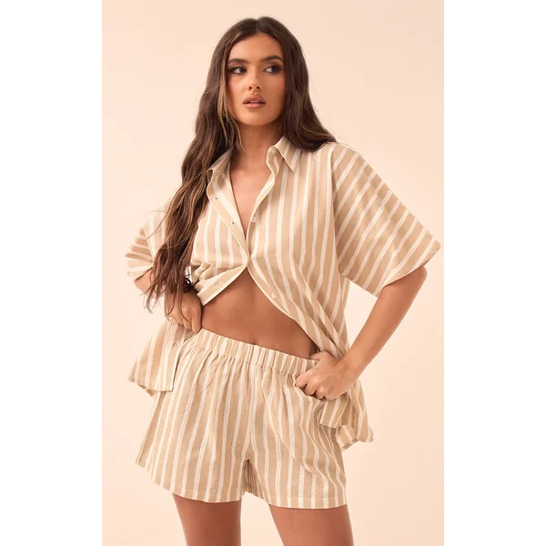 Stone Linen Look Stripe Oversized Boxy Shirt