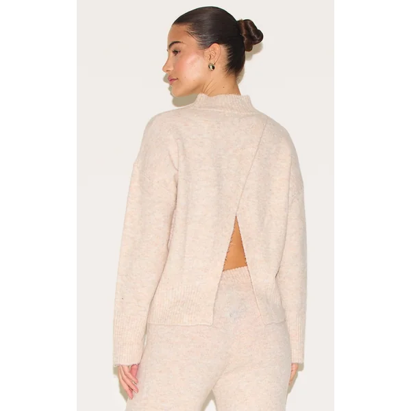 Stone Luxe Knit High Neck Open Back Sweater