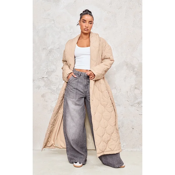 Stone Maxi Belted Quilted Coat
