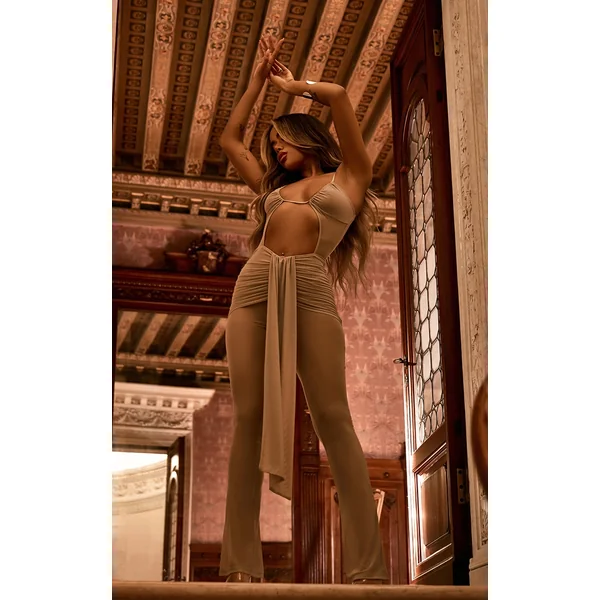 Stone Mesh Ruched Panel Flared Jumpsuit