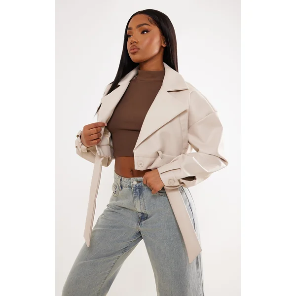Stone Oversized Belted Hem Cropped Biker Jacket