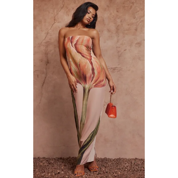 Stone Oversized Chiffon Floral Print Bandeau Maxi Dress