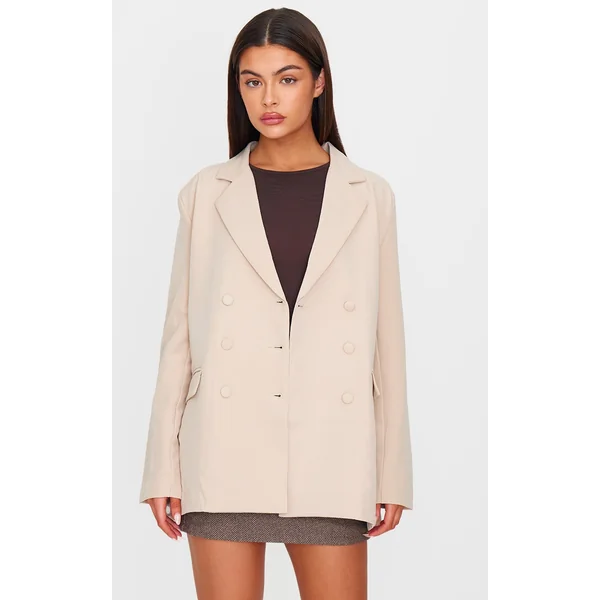 Stone Oversized Double Breasted Covered Button Blazer