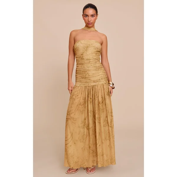 Stone Paisley Print Ruched Scarf Dropped Waist Maxi Dress