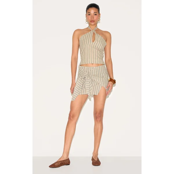 Stone Pinstripe Cotton Knot Front Mini Skirt