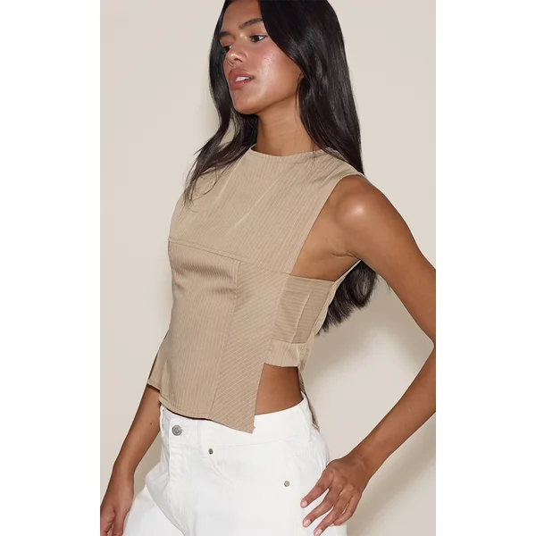 Stone Pinstripe Fitted Top