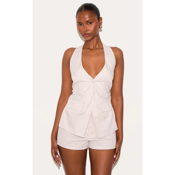 Stone Pinstripe Halter Vest Tailored Romper