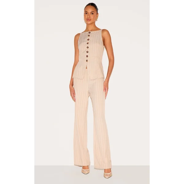 Stone Pinstripe Linen Button Down Peplum Hem Jumpsuit